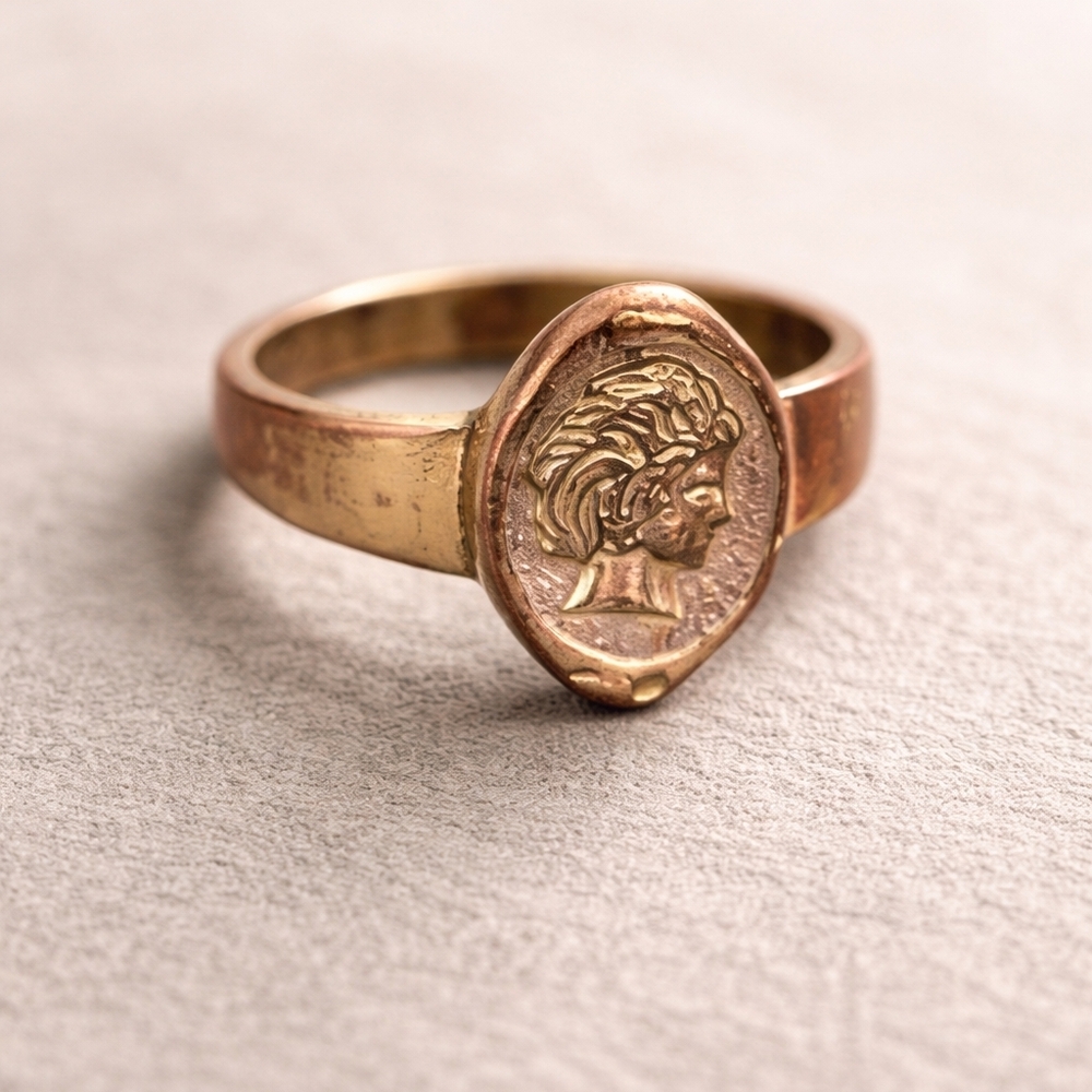 Vintage Roman Coin Style Signet Ring | Classical Profile | Copper Tone | Size 8